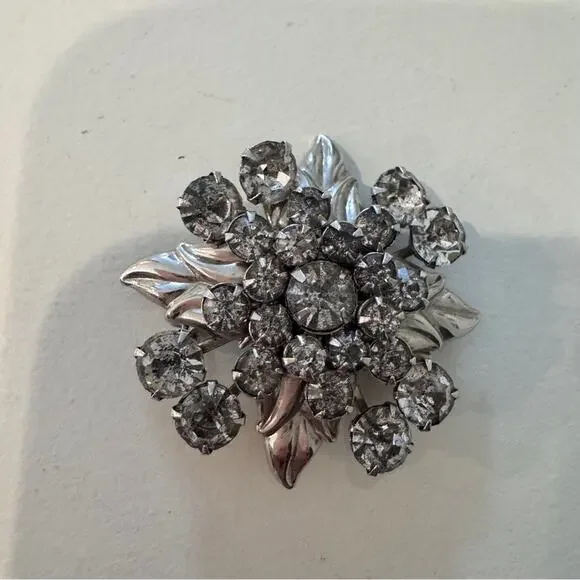 Vintage Silver Tone Rhinestone Brooch Estate Jewelry Leaf - Picture 4 of 5